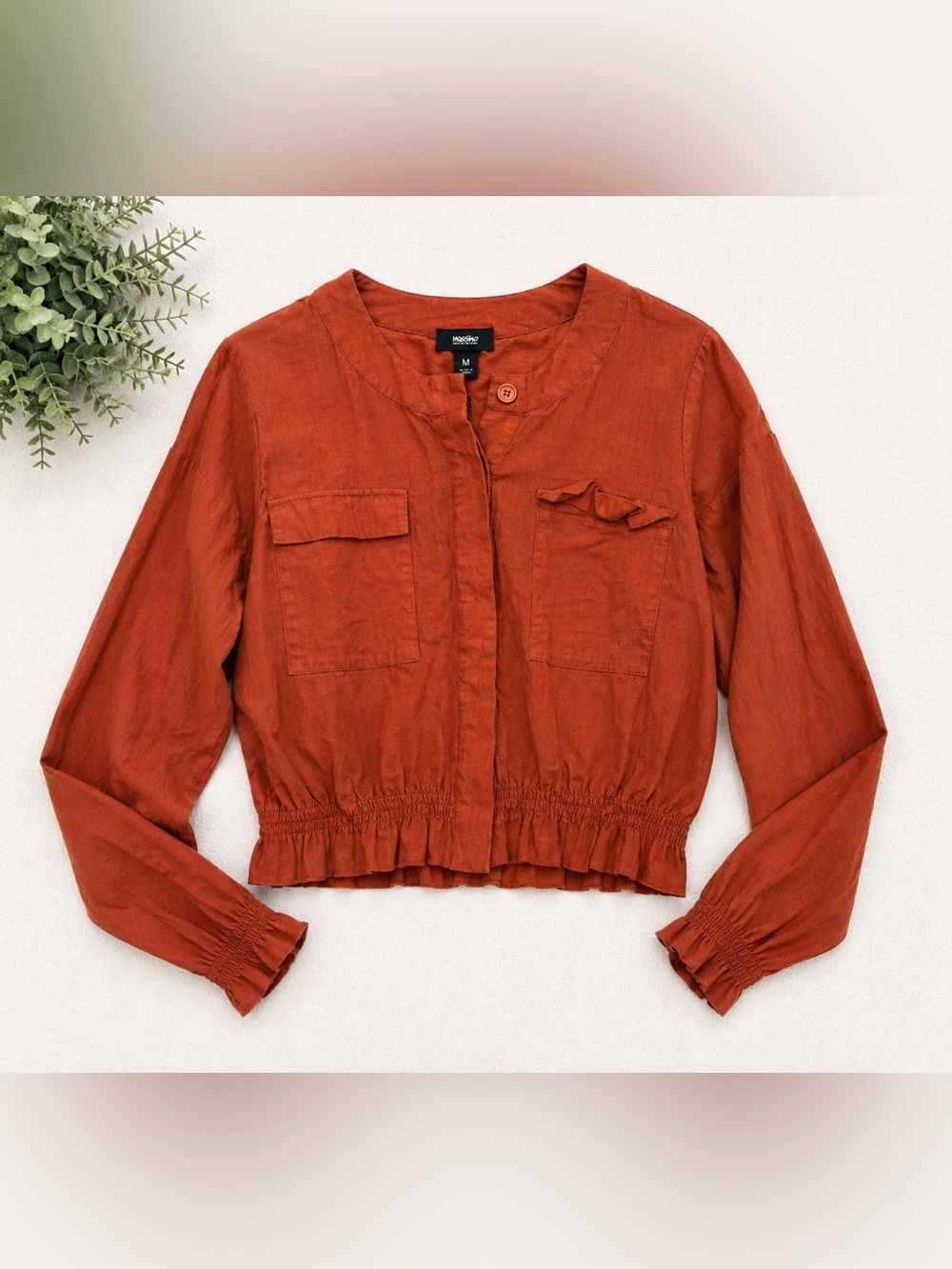 Mossimo Linen Blend Cropped Utility Top Orange Button Front Small